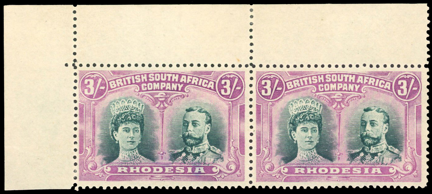 Lot 400 - Rhodesia 1910-13 3s bright green and dull claret perf 14