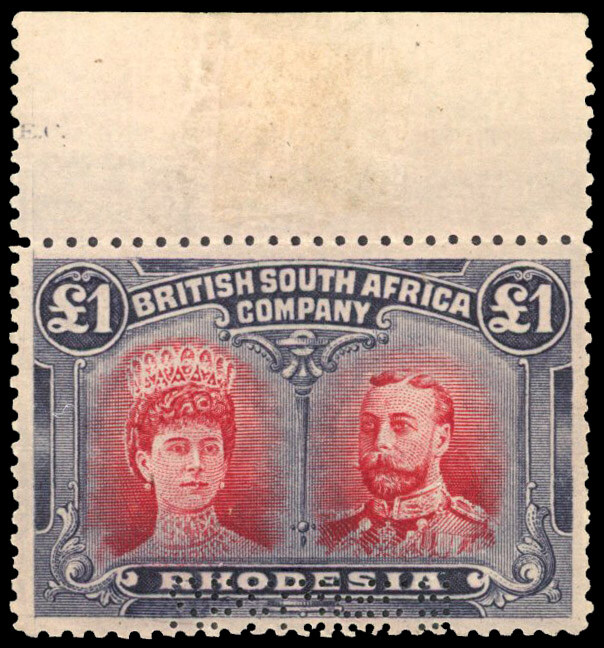 Lot 9 - Rhodesia 1910-13 £1 rose-scarlet and bluish black perf SPECIMEN
