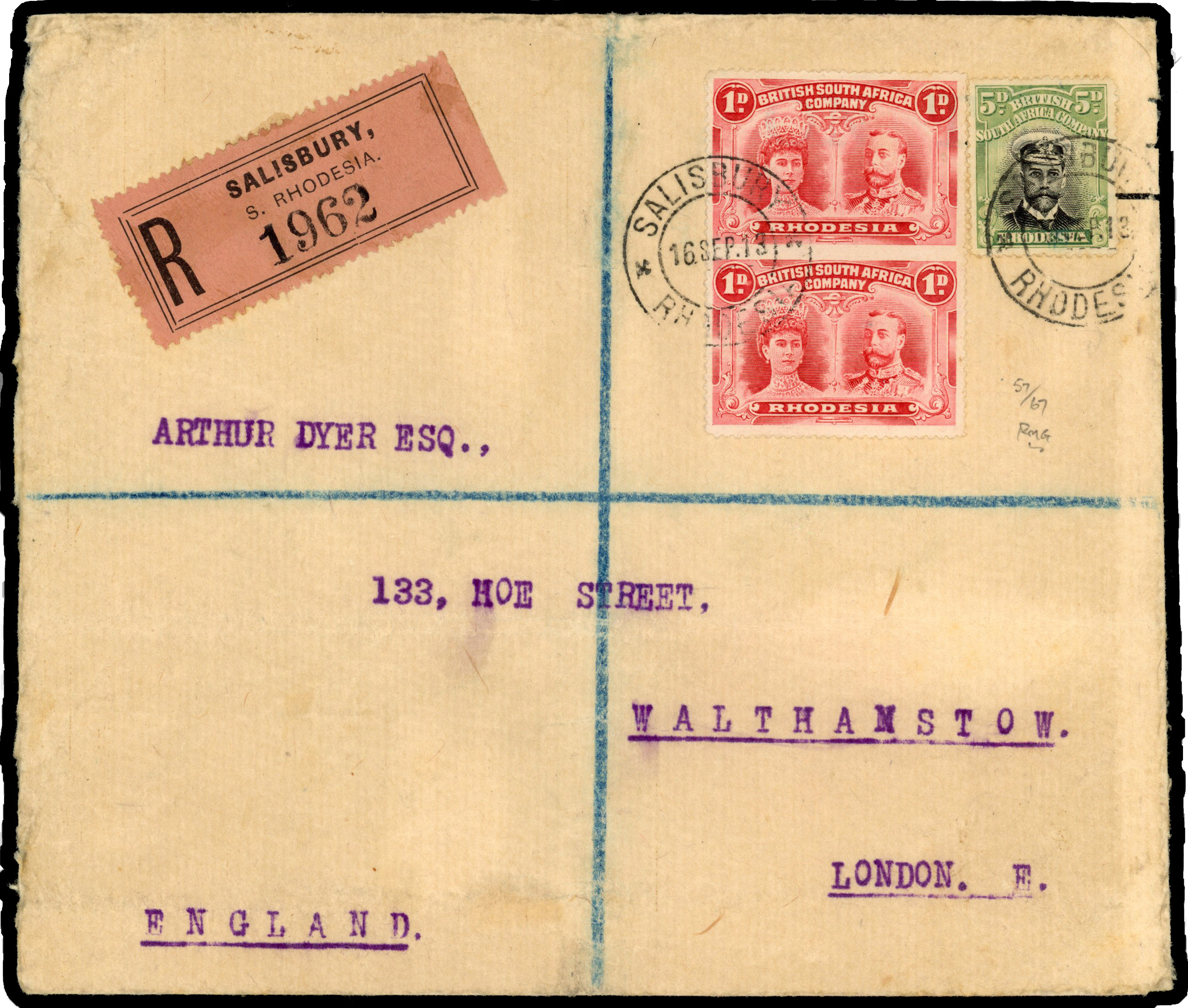102 - Rhodesia 1913 registered cover to London with 1d vertical pair imperf between